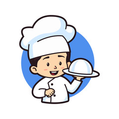 Cute chibi boy holding silver platter, logo mascot illustration