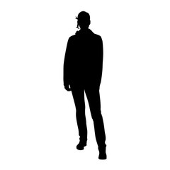 Young woman standing in autumn jacket and trousers, isolated vector silhouette