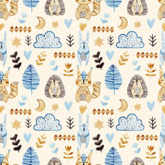 Watercolor seamless pattern with forest wildlife animals and herbs. Cute cartoon characters in scandinavian style. Best for textile, wallpaper, decoration, fabric, children design, wrapping paper