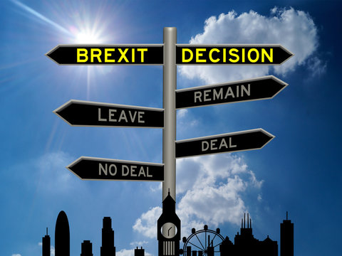 Brexit decision concept 3d sign on a signpost against a sunny blue sky and London silhouette background