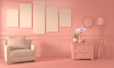 Armchair and decoration mock up room interior color living coral style.3D rendering