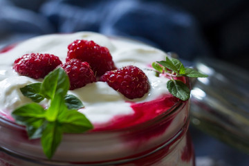 Healthy dietary delicious breakfast in jar. Close up. Healthy eating and self care concept.