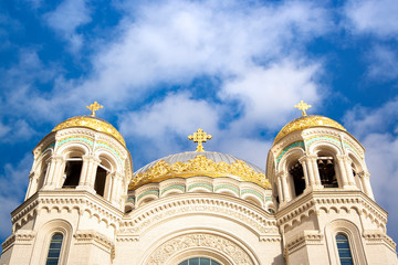 Nicholas the wonderworker's church on Anchor square in kronstadt town Saint Petersburg. Naval christian cathedral church in russia with golden dome, unesco architecture at sunny day