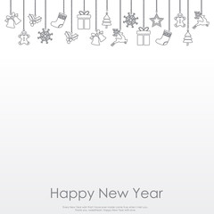 Happy New Year or Christmas card with falling ornametns. Vector