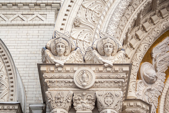 Two angels with wings on exterior of nicholas the wonderworker cathedral church. Architecture of unesco, orthodox sculptures