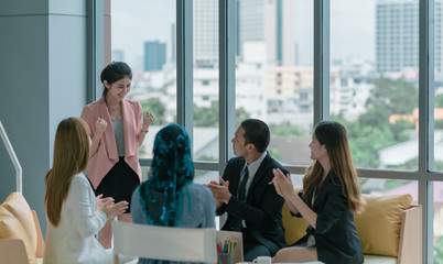 The Success. Group Business Corporate People Meeting and Happiness Clapping Congratulation- Organization, Recruitment, Corporate Meeting, Conferences, Event ,Training . Business Team Worker Asian. 