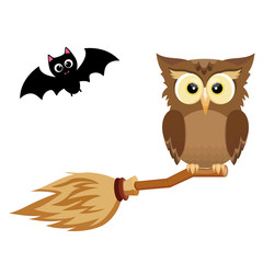 Halloween owl on the broom and the spooky bat. Vector illustration