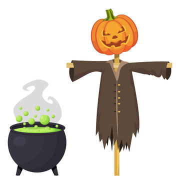 Halloween cauldron with green potion and scarecrow with the pumpkin lantern head . Vector illustration