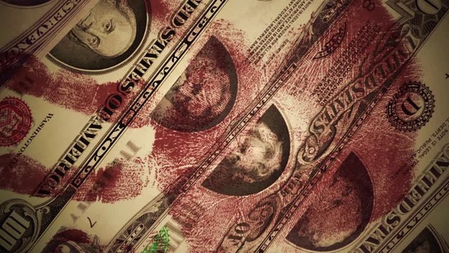 Dirty US dollar banknotes in old bills set on screen spinning in loop. Background footage related to money laundering, dirty business, war economics, amoral wealth, crime investigation..