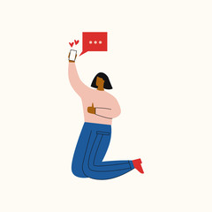 Woman jump in excitement with mobile phone in her hand. Woman received a message from online dating partner. Online app or relationship concept. Flat vector illustration
