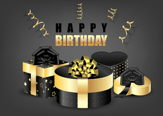 Illustration of golden and black packaging boxes with bows and serpentine. Vector background for new year and christmas. Invitation to the Birthday
