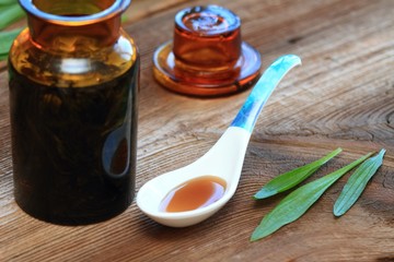 Homemade ribworth plantain syrup against cough.  Made from plantain leaves  (Plantago lanceolata) ...