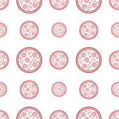 Retro seamless pattern with red outline pizza on the white background. Original ornament for products, cafe, pizzeria branding: flyers, posters, banners, packaging, wrapping paper. Vector illustration