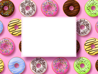 Colorful donuts with icing on pink background. Top view with copy space, realistic style. Vector illustration.