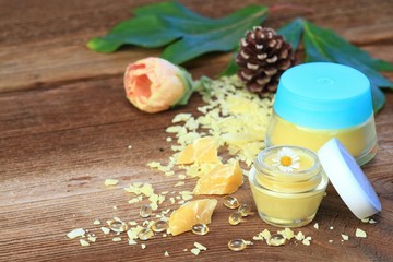 Homemade natural lip balm. Made from beeswax, sheabutter, olive and coconut oil mixed together.