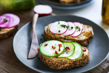 Hummus and colourful Radishes with Chili Bruschetta