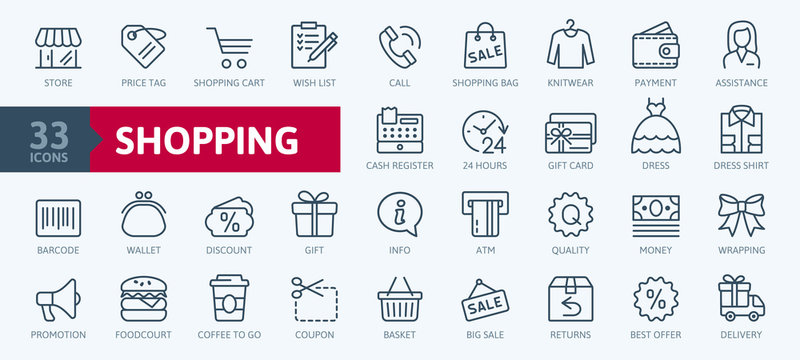 Shopping malls, retail - outline web icon collection, vector, thin line icons collection