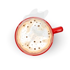 Tasty hot drink with foam and smoke spreading from red porcelain cup. Latte, Cappuccino, Flat White, Macchiato, Mochaccino, Irish or Vienna coffee. Vector cartoon icon isolated on white. Top view.