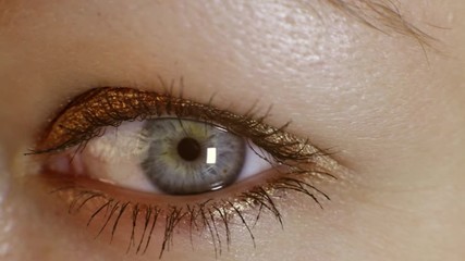 Blue eye of a middle-aged woman.Close-up.Macro.European.camera moves left