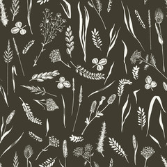 Wild herbs and flowers painted are in engraving style.