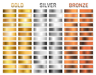 Collection of gold, silver, chrome, bronze metallic gradient. Brilliant plates with gold, silver, chrome, bronze metallic effect. Vector illustration © Oleh
