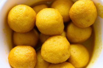 top view curry flavor fish balls in bowl