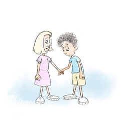 Water color illustration of a scene in which a cheerful girl takes a sad boy by the hand