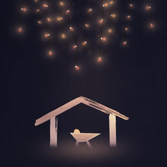 Christmas time. Nativity illustration of manger with baby Jesus. Light illustration. - obrazy, fototapety, plakaty