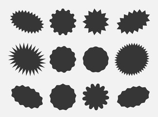 Starburst speech bubbles, bursting sticker promo badges, sunburst promotion tag. Explosion star button vector illustration