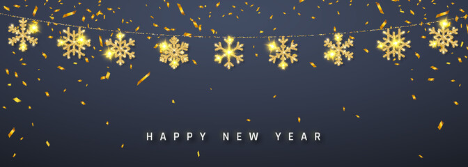 New Year shining glitter glowing golden snowflake decoration garland on dark background. Hanging glitter snowflake. Vector illustration