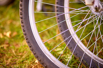 Bicycle wheel. Closeup detail of the rear bicycle wheel - spokes.