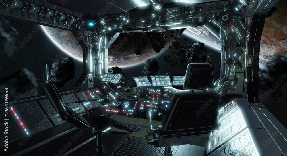 Poster Spaceship grunge interior control room with view on space 3D rendering elements of this image furnished by NASA
