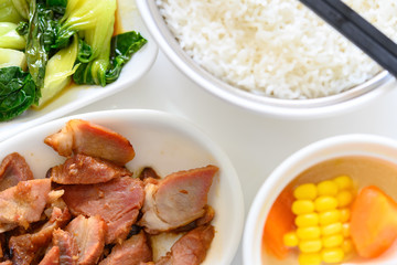 top view BBQ pork and vegetable and maize soup and rice