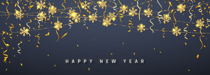 Fototapeta premium New Year shining glitter glowing golden snowflake decoration garland on dark background. Hanging glitter snowflake. Vector illustration