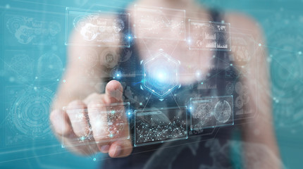Woman using digital technological interface with datas 3D rendering