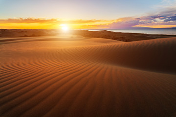 Naklejka na ściany i meble Sunset over the sand dunes in the desert