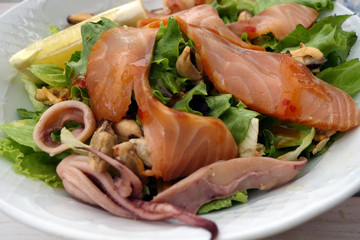 Seafood salad close-up.