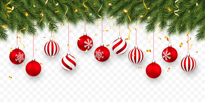 Festive Christmas or New Year Background. Christmas fir-tree branches with confetti and xmas red balls. Holiday's Background. Vector illustration