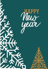 Fototapeta na wymiar Happy New Year and Merry Christmas greeting card with flat xmas tree composition from snowflakes and handwritten text on a green background. Vector illustration