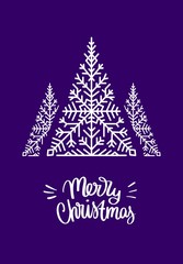 Fototapeta na wymiar Merry Christmas invitation card with flat xmas tree composition from snowflakes and handwritten text on a violet background. Vector illustration