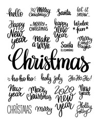 Brush lettering vector illustration of handwritten words Merry Christmas, New year, winter fun, ho ho ho, make a wish, Santa, holy joly and 2020 on white background