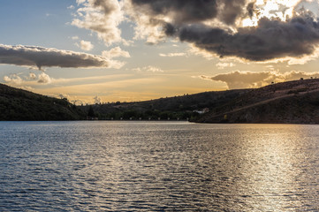 Reservoir of Sega de Ordas in Leon, Spain. Full of water during the sunset