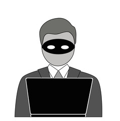 Cyber thief, internet scammer. Thief steals money from online wallet, credit card. Data theft. Poster for web page, banner, presentation, social media. Flat design vector illustration