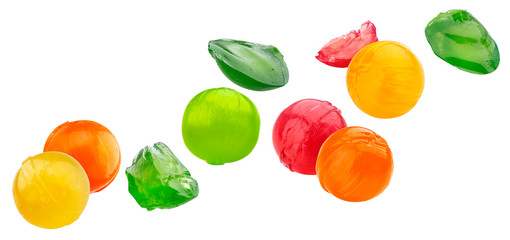 Multicolor sweet lollipop whole and bitten pieces set isolated on white background