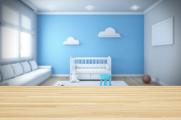 Wooden top with blurred Nursery Bedroom  room Design wall  3D rendering