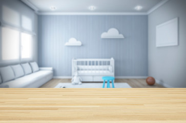 Wooden top with blurred Nursery Bedroom  room Design wall  3D rendering