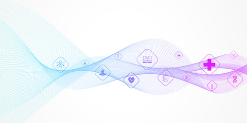 Abstract health care banner template with flat icons. Healthcare medicine concept. Medical innovation technology pharmacy banner. Vector illustration