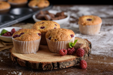 The process of making cupcakes, coating a cream from a pastry bag in the hands of a pastry chef.