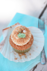 Tasty vanilla cupcakes on wooden board. Food on the nature