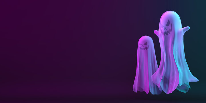 Ghost on black blue purple background, vibrant color, neon flourescent. copy space text area. Design creative concept of happy halloween celebration holiday. 3D rendering illustration.